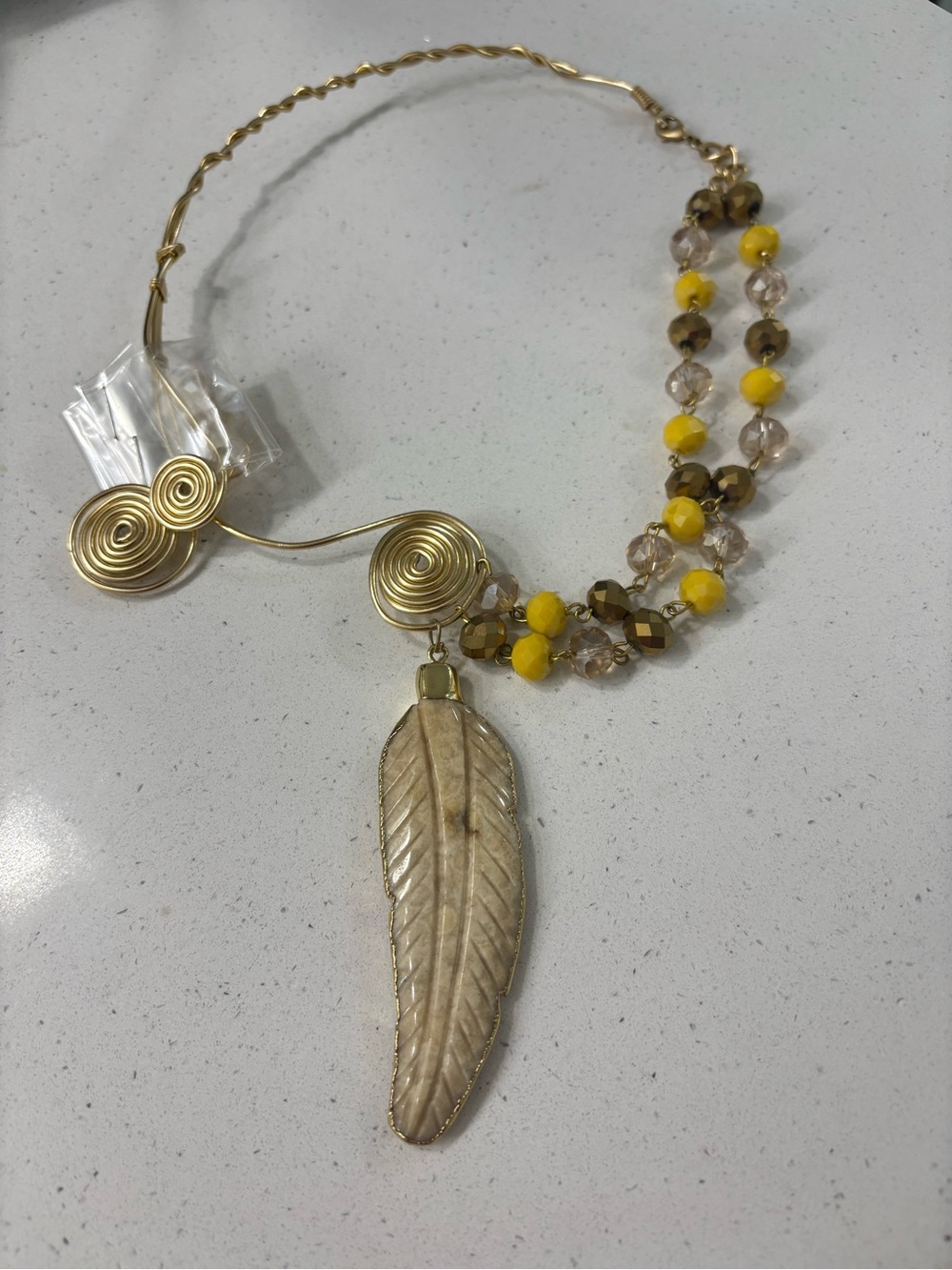 Gold-Tone Feather Stone Pendant Wire-Wrapped Necklace with Yellow and Gold Beads